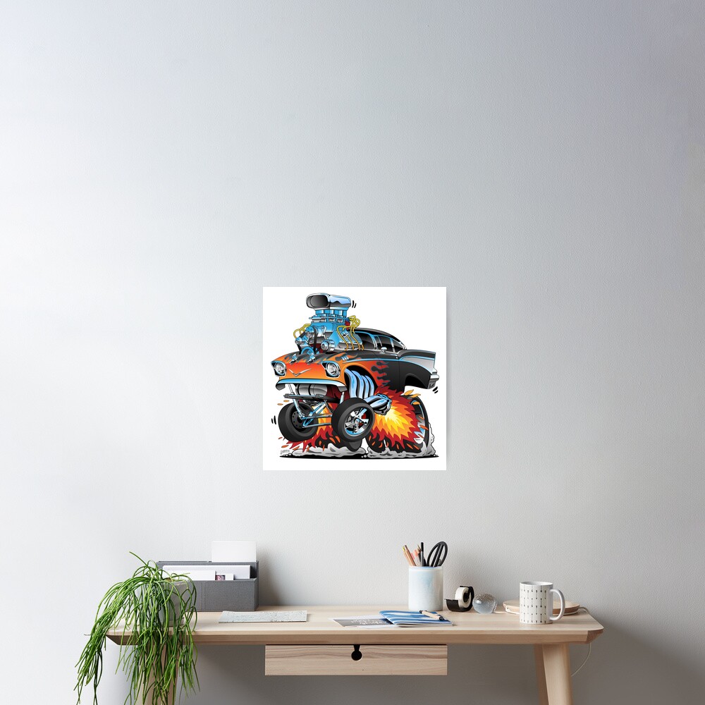 Classic hot rod 57 gasser drag racing muscle car cartoon Poster