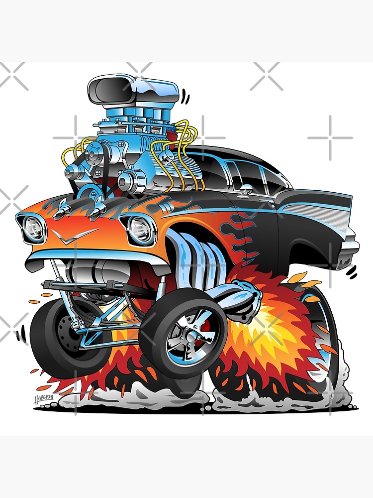 Classic hot rod 57 gasser drag racing muscle car cartoon by hobrath