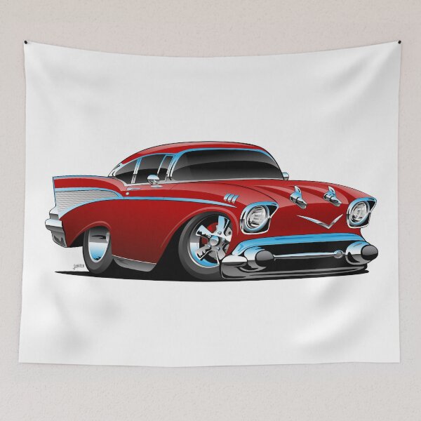 Item preview, Classic hot rod 57 muscle car, low profile, big tires and rims, candy apple red cartoon designed and sold by hobrath.
