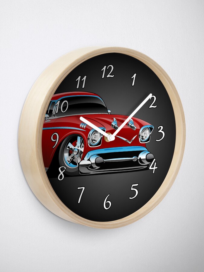 Alternate view of Classic hot rod 57 muscle car, low profile, big tires and rims, candy apple red cartoon Clock
