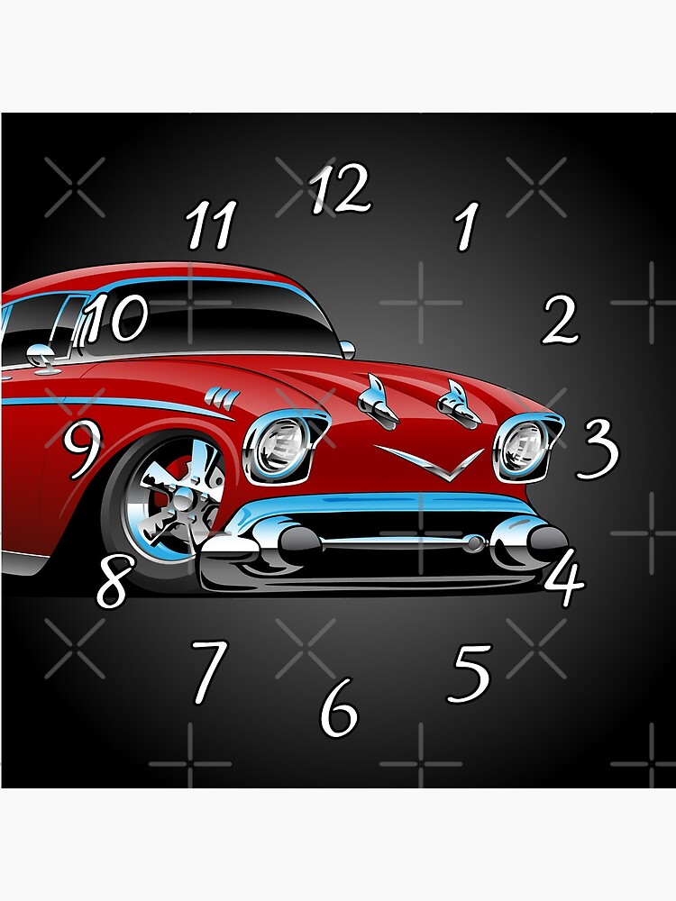 Classic hot rod 57 muscle car, low profile, big tires and rims, candy apple red cartoon by hobrath