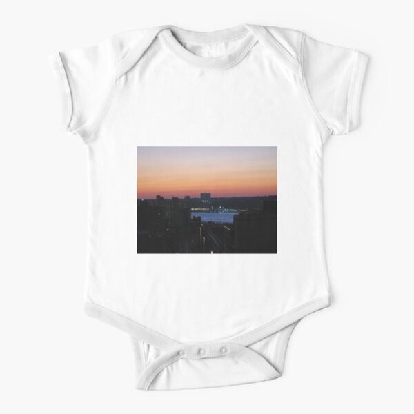 #sunset, #city, #dusk, #water, #cityscape, #architecture, #river, #sky, #reflection, #skyscraper Short Sleeve Baby One-Piece
