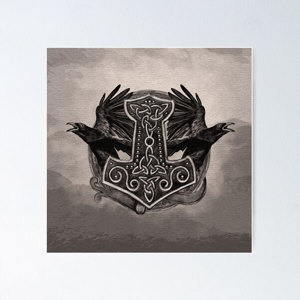 Item preview, Mjolnir The hammer of Thor and ravens designed and sold by Nartissima.