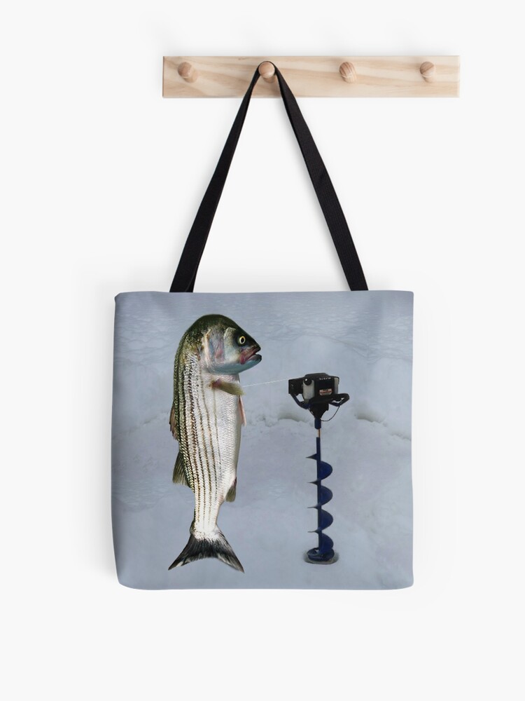 JUST AN AUGER ICE FISHING DAY..STRIPED BASS USING ICE  AUGER..PICTURE-PILLOW-TOTE BAG ECT | Tote Bag