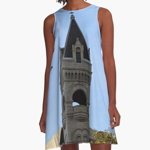 #steeple, #spire, architecture, sky, outdoors, tower, old, #city, #ancient, #tree A-Line Dress