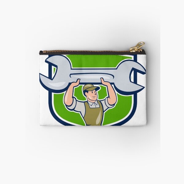 Item preview, Mechanic Lifting Spanner Wrench Shield Cartoon designed and sold by patrimonio.