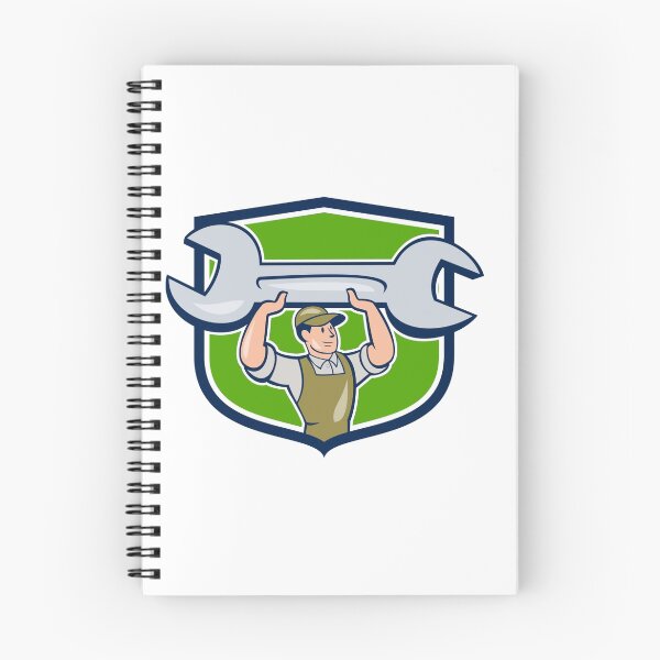 Item preview, Mechanic Lifting Spanner Wrench Shield Cartoon designed and sold by patrimonio.