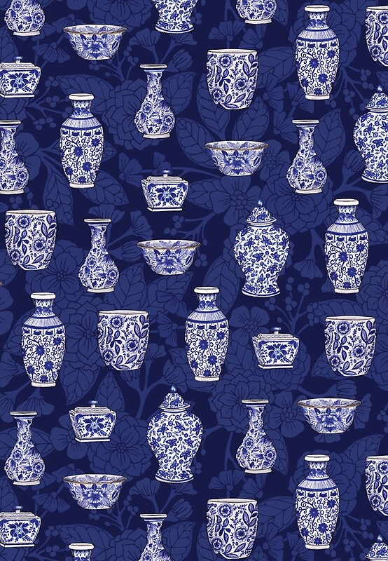 "Blue and White Chinoiserie/ Delftware Pottery Pattern" by