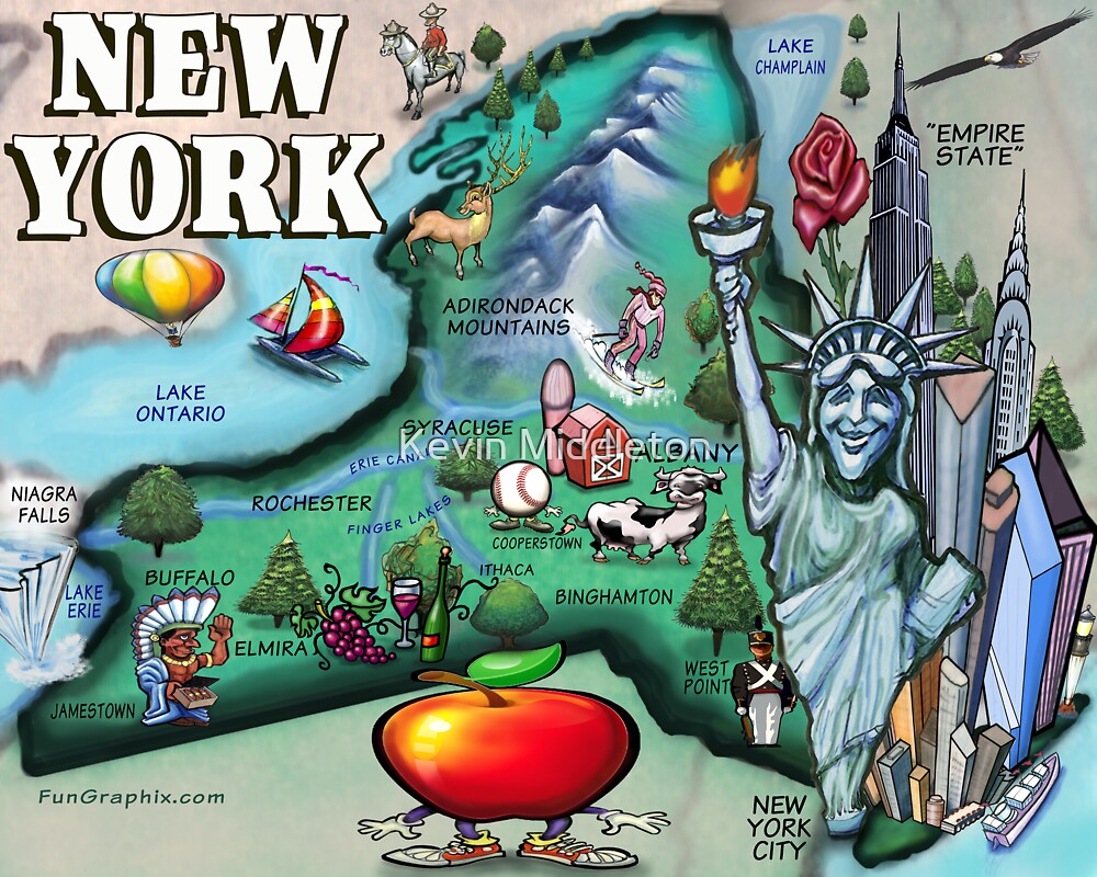 New York Cartoon Map New York State Cartoon Map" By Kevin Middleton | Redbubble