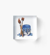 illustration of cartoon Bucket of blue paint and two brushes Acrylic Block