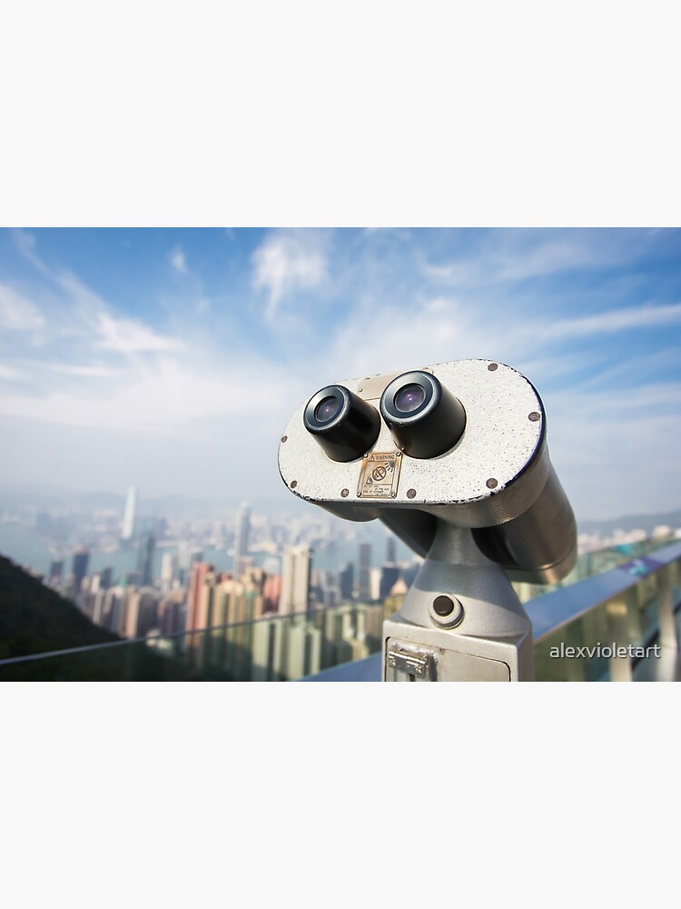 "Touristic telescope look at the city with view of Hong Kong, close up metal binoculars on