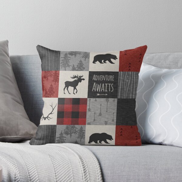 Adventure Patchwork - Red And Black Throw Pillow