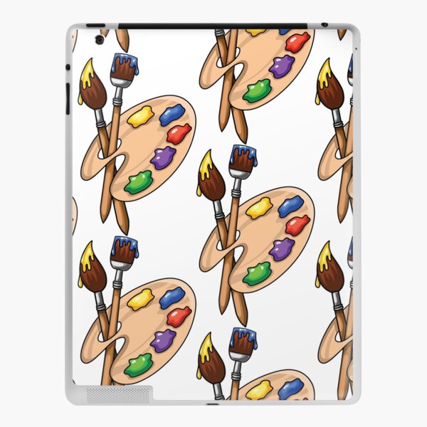 Cartoon wooden art Palette with paints and two brushes iPad Skin