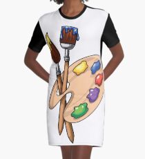 Hölzerne Kunstpalette der Karikatur mit Farben und zwei Bürsten T-Shirt Kleid