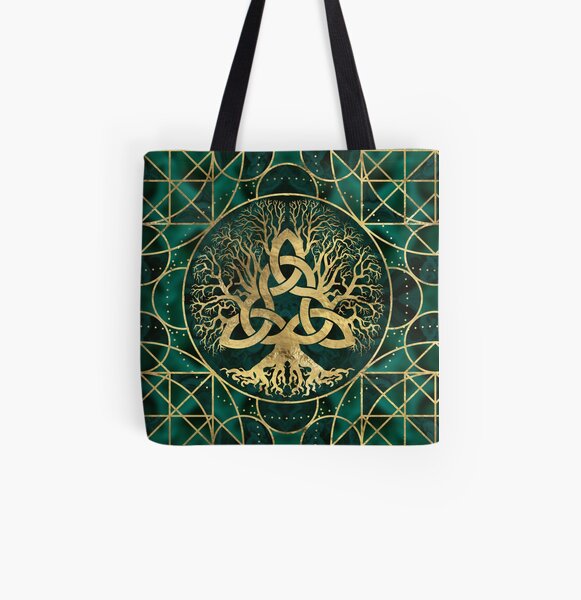 Tree of life with Triquetra Malachite and Gold All Over Print Tote Bag