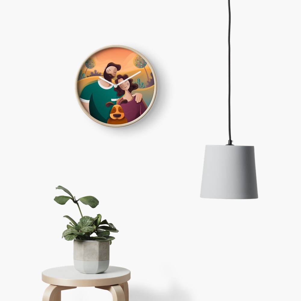 Cute couple illustration with dog Clock