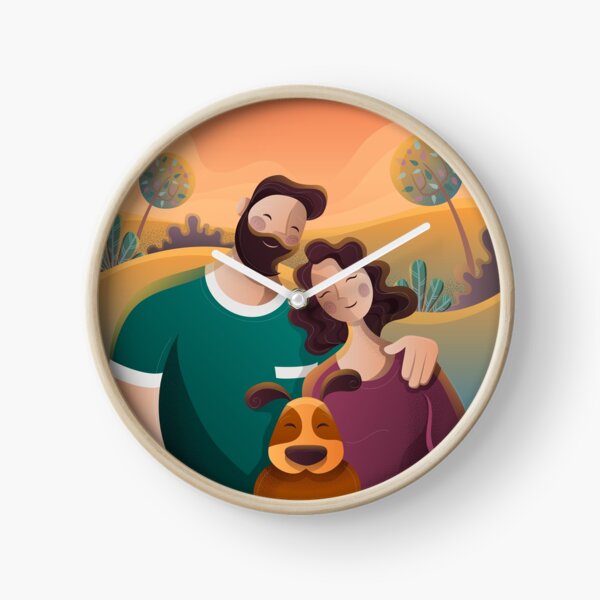 Cute couple illustration with dog Clock