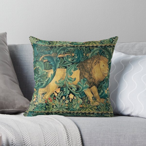 GREENERY ,FOREST ANIMALS, LION Antique Tapestry Throw Pillow