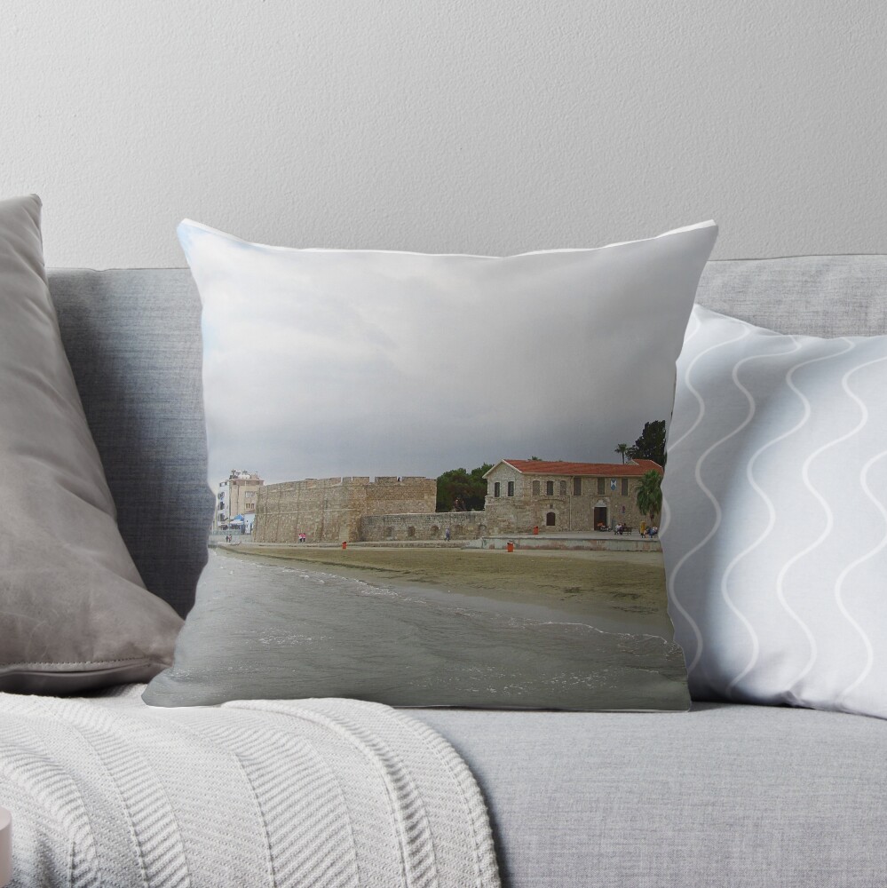 Larnaca's Finikoudes beach view with historical medieval fort Throw Pillow