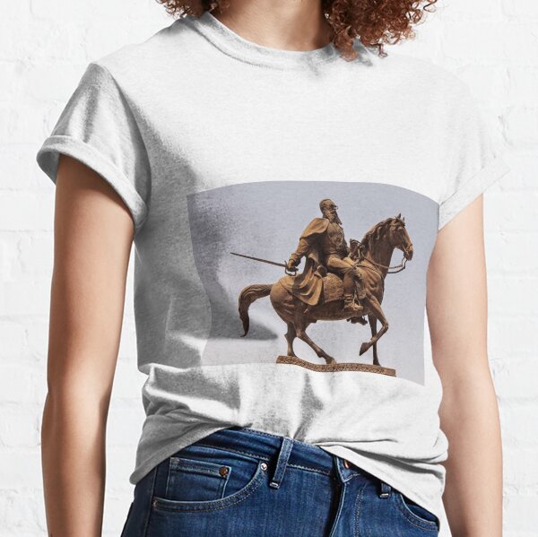 sculpture, cavalry, statue, mammal, two, art, metalwork, ancient, horizontal, color image, sitting, horse, equestrian event, day, old, animal Classic T-Shirt