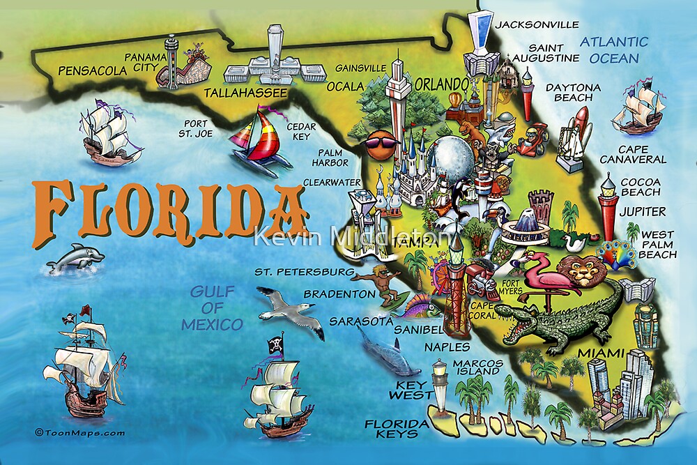 « Carte de dessin animé de Floride CARTE » par Kevin Middleton Redbubble