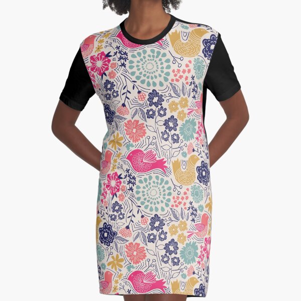 Folk Birds Graphic T-Shirt Dress