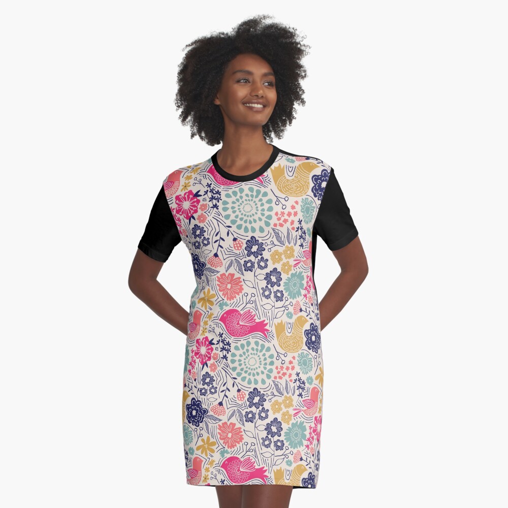 Folk Birds Graphic T-Shirt Dress