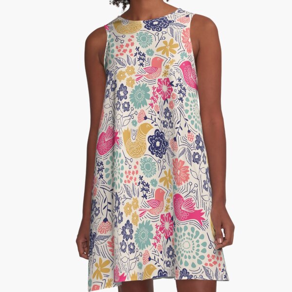 Folk Birds A-Linien Kleid