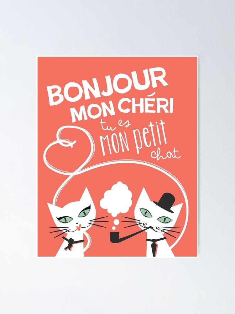 Bonjour Love Cat Print Poster By Meowmeows Redbubble