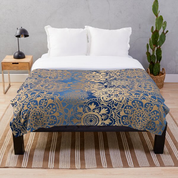 Blue and Gold Mandala Pattern Throw Blanket