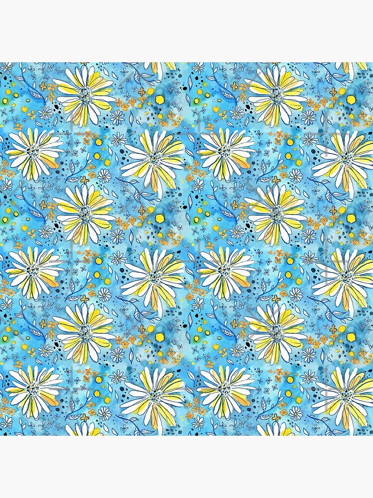 Hand Painted Watercolor Flower Pattern - Daisies on Blue by annieparsons