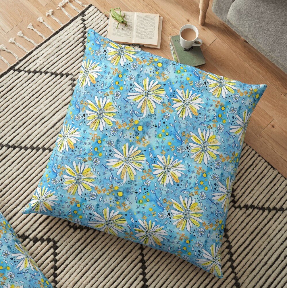 Hand Painted Watercolor Flower Pattern - Daisies on Blue Floor Pillow