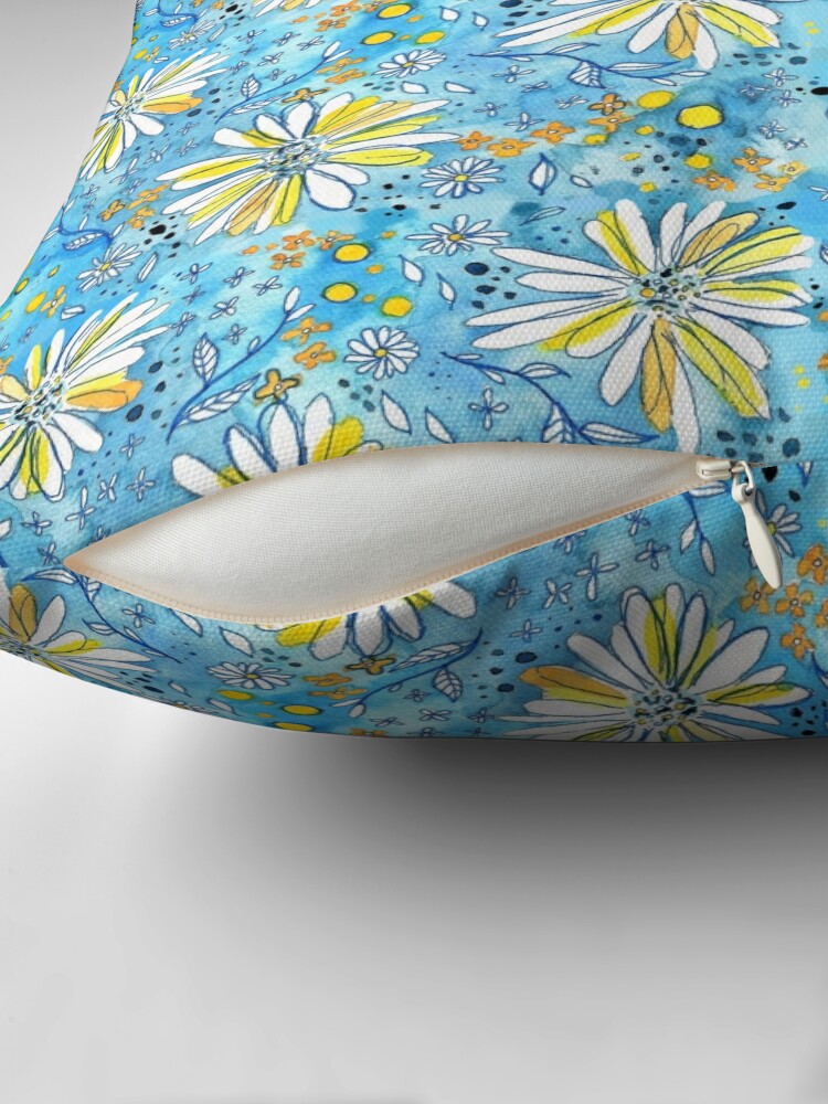 Alternate view of Hand Painted Watercolor Flower Pattern - Daisies on Blue Floor Pillow