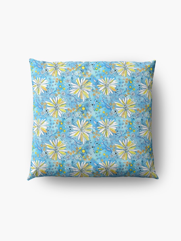 Alternate view of Hand Painted Watercolor Flower Pattern - Daisies on Blue Floor Pillow