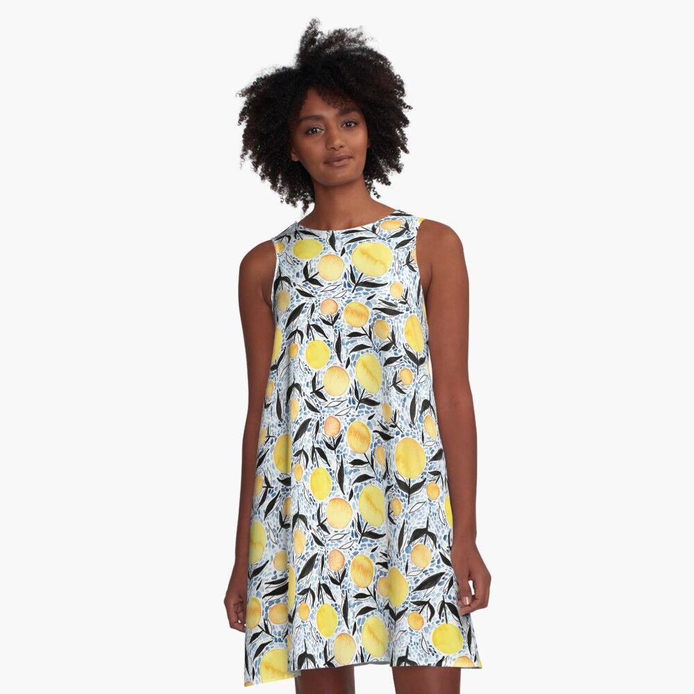 Hand Painted Watercolor Abstract Marigold Mosaic A-Line Dress