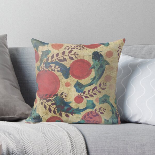 Vintage Pattern Koi Fish Swimming on Papyrus textured illustration Throw Pillow