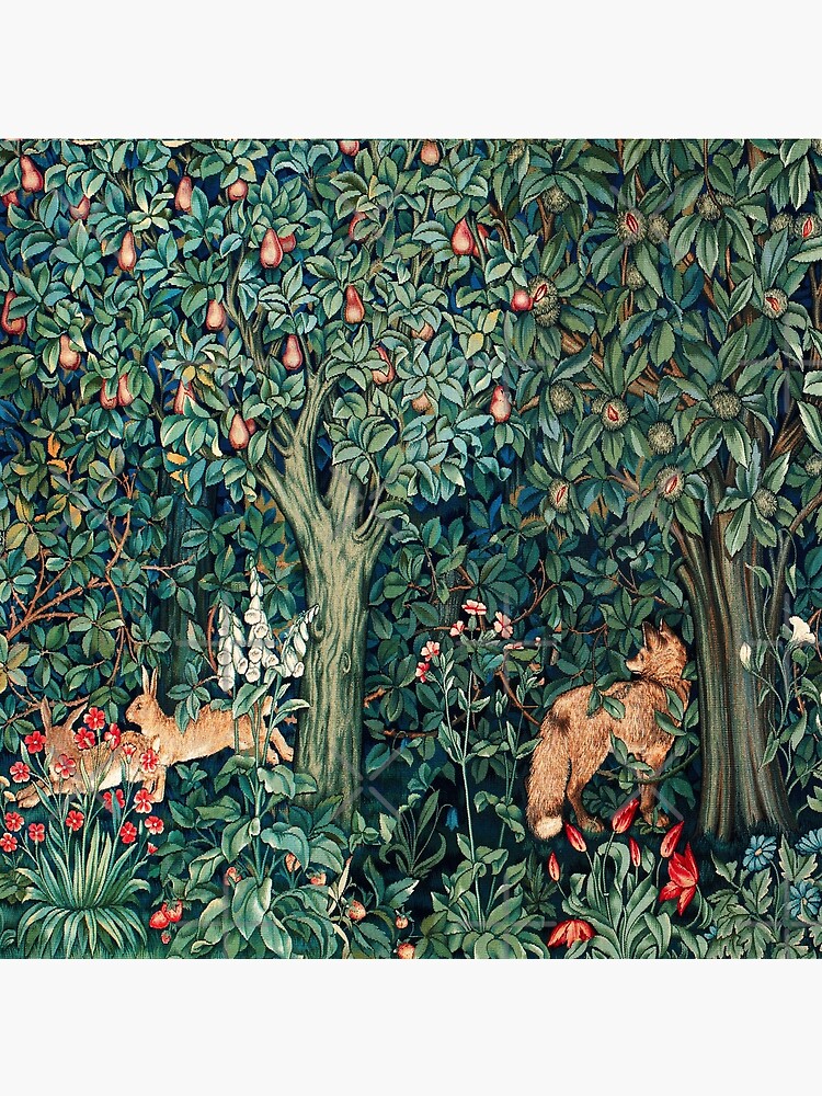 GREENERY, FOREST ANIMALS Fox and Hares Blue Green Floral Tapestry by BulganLumini