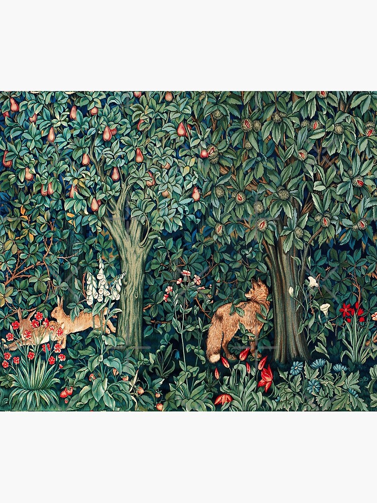 GREENERY, FOREST ANIMALS Fox and Hares Blue Green Floral Tapestry by BulganLumini