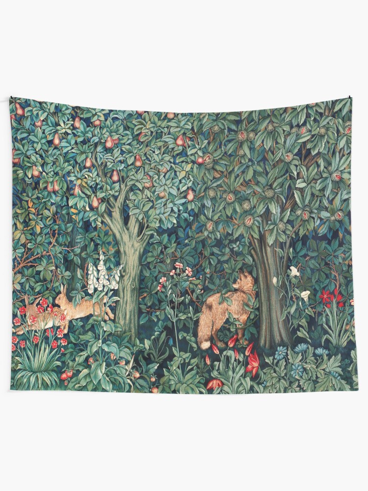 Alternate view of GREENERY, FOREST ANIMALS Fox and Hares Blue Green Floral Tapestry Tapestry