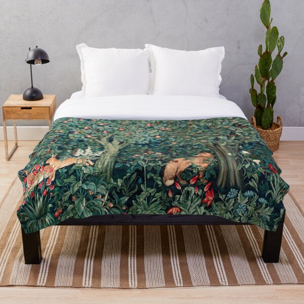 GREENERY, FOREST ANIMALS Fox and Hares Blue Green Floral Tapestry Throw Blanket