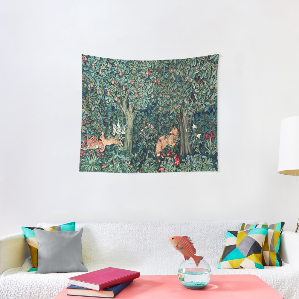 GREENERY, FOREST ANIMALS Fox and Hares Blue Green Floral Tapestry Tapestry