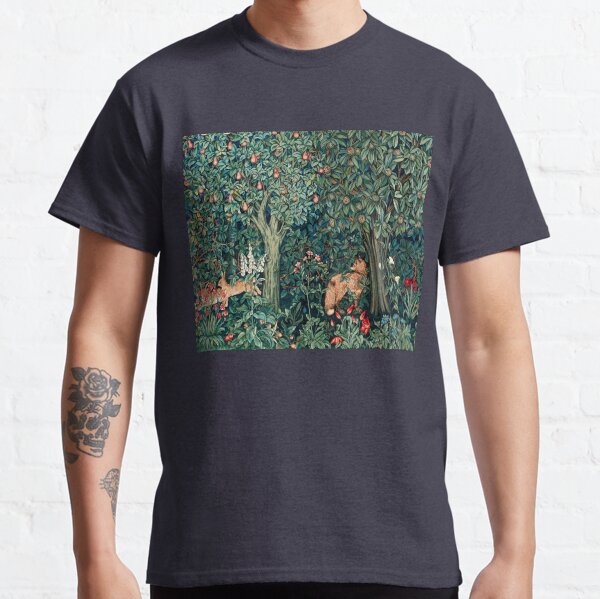 VERDURE, ANIMAUX FORESTIERS Renard et lièvres Tapisserie florale bleu-vert T-shirt classique