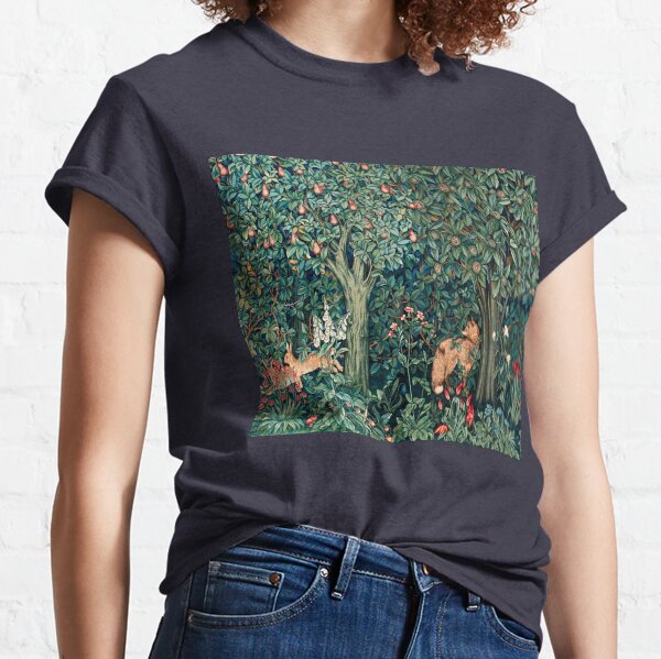 GREENERY, FOREST ANIMALS Fox and Hares Blue Green Floral Tapestry Classic T-Shirt