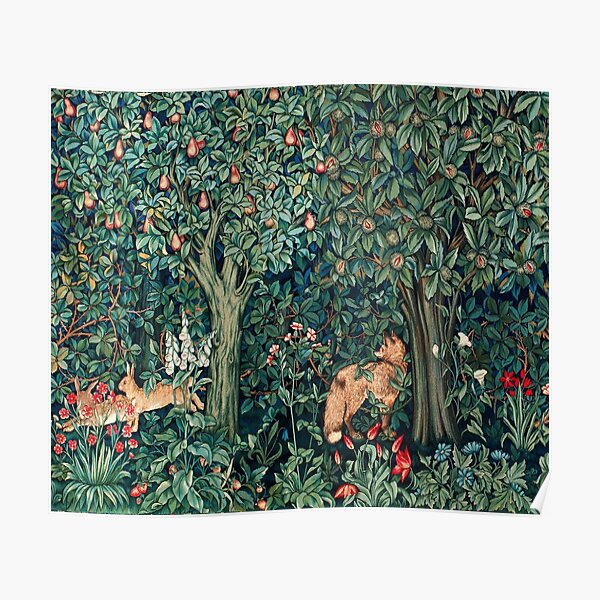 GREENERY, FOREST ANIMALS Fox and Hares Blue Green Floral Tapestry Poster