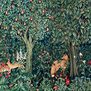 Artwork thumbnail, GREENERY, FOREST ANIMALS Fox and Hares Blue Green Floral Tapestry by BulganLumini