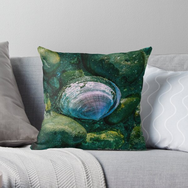 Seashells and Mossy Rocks Throw Pillow