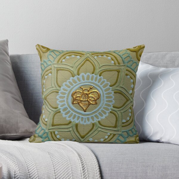 Khaki Blue Bee Mandala Throw Pillow