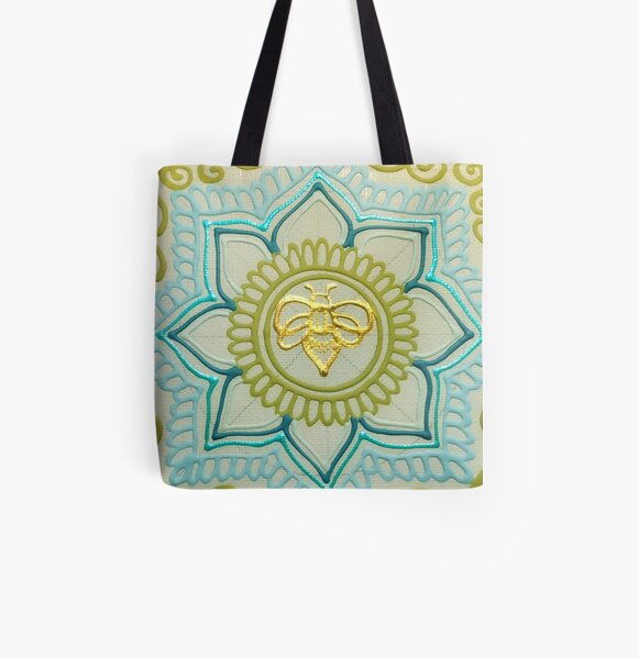 Gold Greens Bee Mandala All Over Print Tote Bag