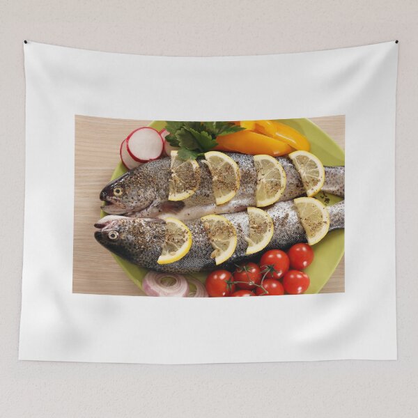 Item preview, two trout fish with vegetables on plate designed and sold by goceris.