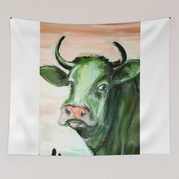 Item preview, cow green animal pasture bavaria expressionism cow painting acrylic oil artist unique brush pink eyes face horns fur designed and sold by originalstar.
